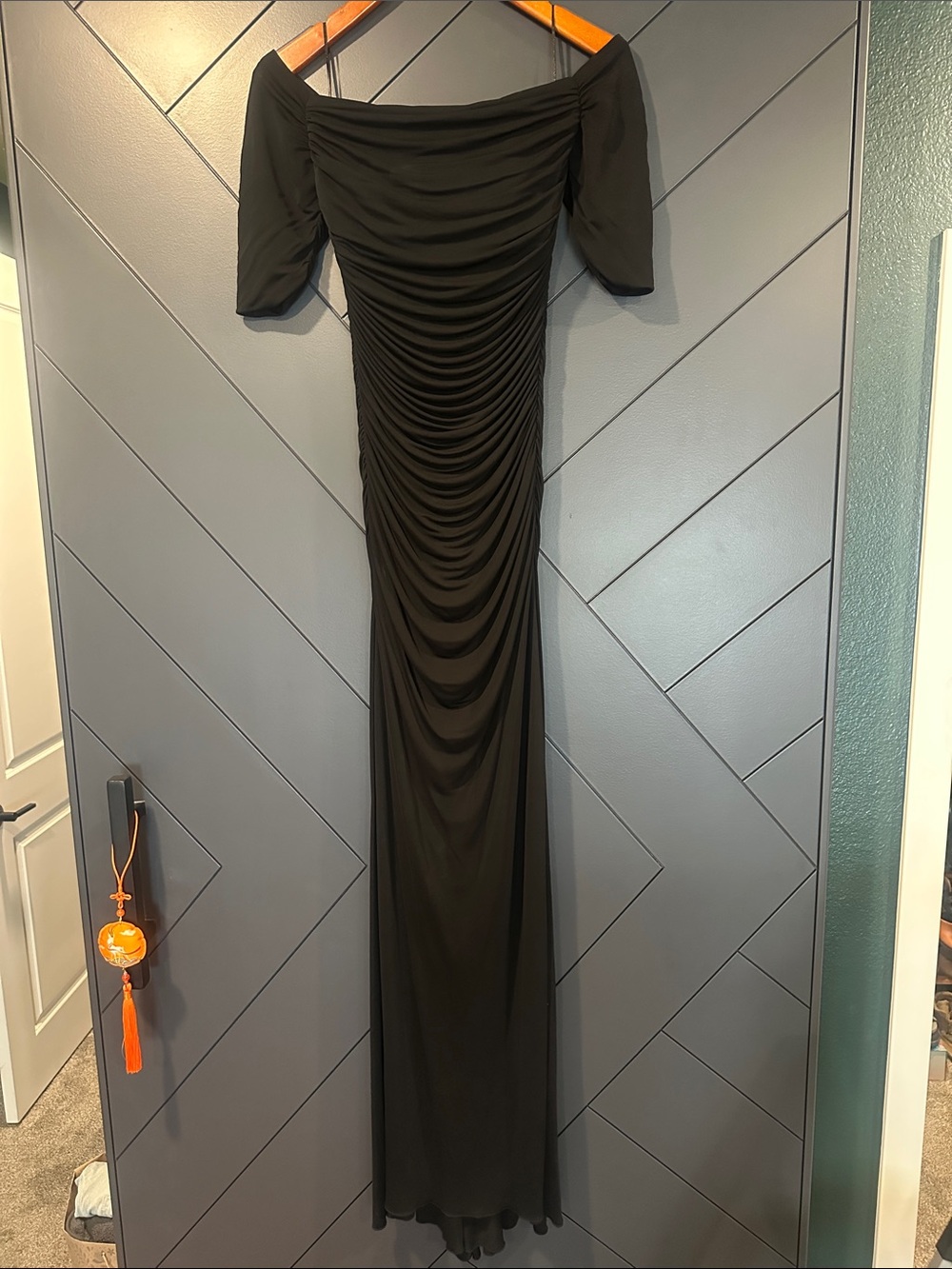 Badgley Mischka Black Off-Shoulder Ruched Gown